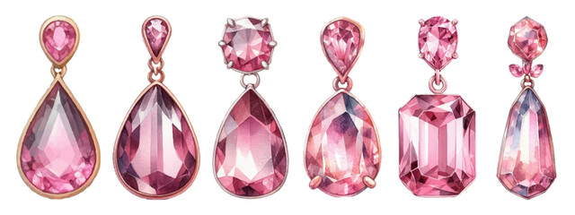 Pink tourmaline earrings watercolor illustration material set

