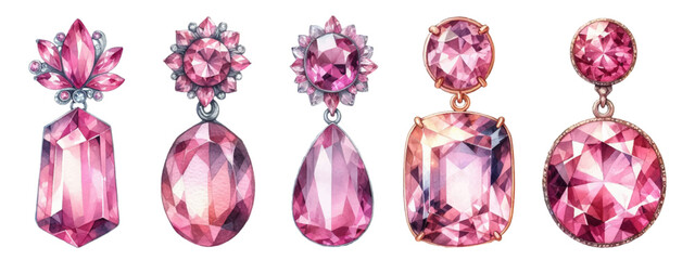 Pink tourmaline earrings watercolor illustration material set
