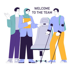 Social equity. Civil society teamwork, equal opportunities diversity and inclusion. CSR, tolerance in candidates employment, inclusive team building. Flat vector illustration.