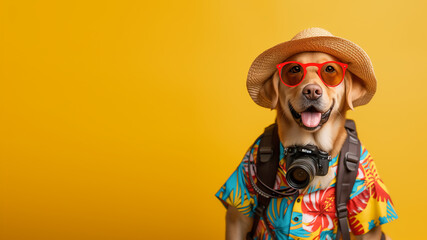 Adventurous traveling dog with red glasses on a yellow background.