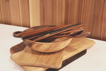 wooden bowl and chopsticks