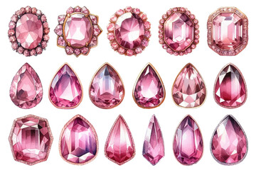 Pink tourmaline rhinestone watercolor illustration material set