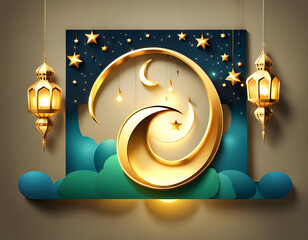 Computer screenshot image of 3D colorful ornamental Ramadan Kareem shape standing by wall