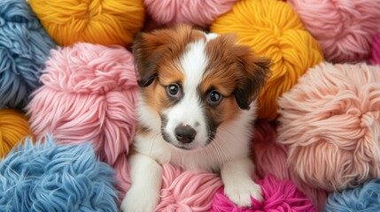 A playful puppy tumbling among fluffy Soft Pop colored cushions