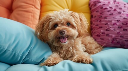 Puppy playtime among cushions in Soft Pop colors