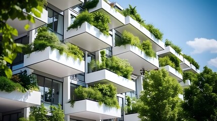 Modern white residential building with green plant walls. Sustainable living, ecology and green...
