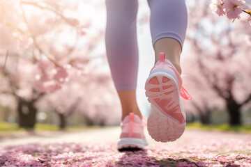 Close up of woman's feet with sport shoes jogging in park with pink spring cherry blossom flowers