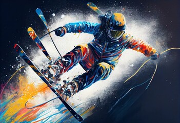 Abstract art. Colorful painting art of a jumping skier. Extreme winter sports. Generative AI