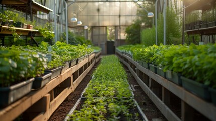 Fototapeta na wymiar A sunlit greenhouse nurturing rows of greenery, drenched in the Grow Your Own color theme