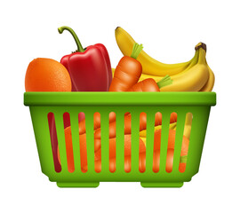 Green plastic shopping basket with fruits and vegetables. Vector clipart isolated on white background.