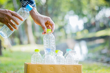 Plastic bottle waste for recycling, reuse concept. Volunteers store plastic bottles in cardboard...