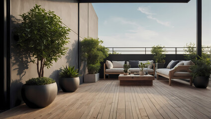The elegance of an empty outdoor terrace with minimalistic charm and strategically placed potted plants. - obrazy, fototapety, plakaty