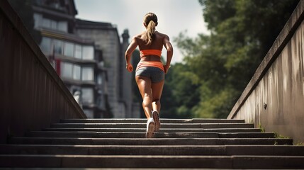 Woman running up the stairs, interval training.
