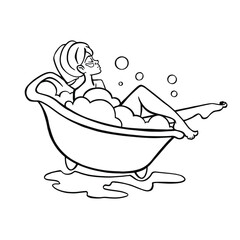  Relaxed woman lying at bath tub with face mask and bubbles foam. Woman taking a bath.Bubble Bath day. Vector illustration