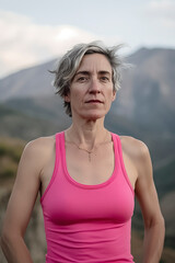 woman in a pink top, standing before a mountainous landscape, exuding a serene vibe, ai generative