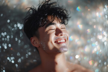 Exited asian gay man with sparkling glitter make-up on the sparkling silver background