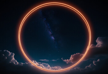 Illuminated neon ring in the night sky with clouds, creative background