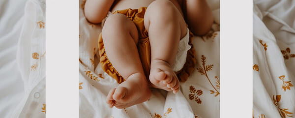 Infant baby on white bed holding feet, ai technology