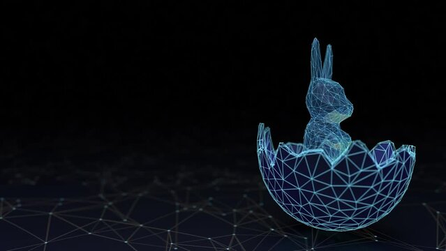 A modern Easter backdrop with a plexus rabbit emerging from an egg, tailored for the tech and programming sectors.High-tech Easter theme background, showcasing a rabbit in an egg in plexus 