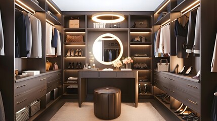 Elegant Walk-In Closet with Illuminated Vanity Mirror - obrazy, fototapety, plakaty
