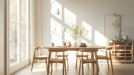 Sunny Modern Dining Room Interior with Nature Elements