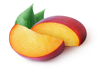 Isolated plums. Two pieces of cherry plum with leaves isolated on white background