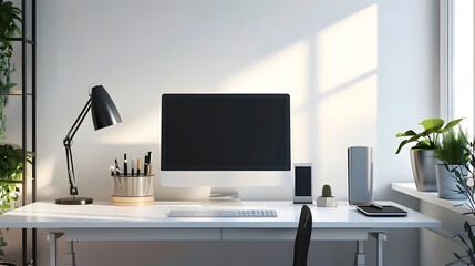 Modern Home Office Workspace with Computer and Plants