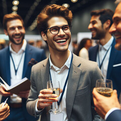  professional networking event indoors. Individuals in business attire are socializing, holding wine glasses, and engaging in conversations. Badges on their suits indicate an organized event