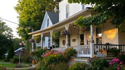 Fototapeta premium Charming House with Flowering Garden at Dusk