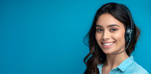 Contented customer service rep in casual attire, blue backdrop. Copy space, banner