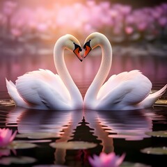 Obraz premium two swans forming a heart shape with their necks