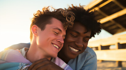 Affectionate Interracial Male Couple at Beach