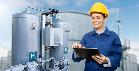 Female engineer with tablet computer on a background of Hydrogen factory.