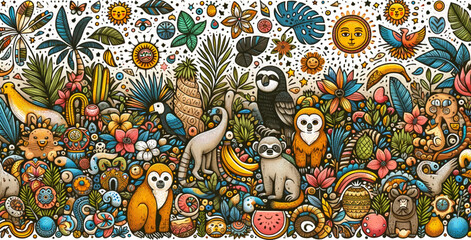 A decorative horizontal background or cute exotic animals, plants, fruits, and symbols