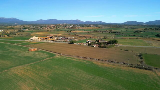Peralada beautiful medieval town with an important wine cellar and a large castle, aerial images in Perelada