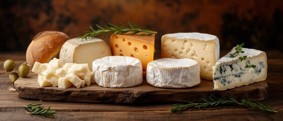 Exquisite assortment of fine cheeses on a rustic wooden board