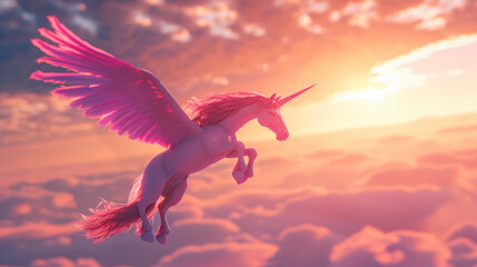a beautiful flying horse with wings pink pegasus. winged divine stallion mythical creature from greek mythology. high in the beautiful sky at sunset in the clouds