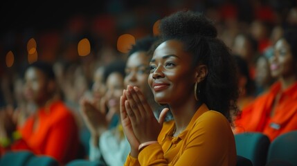 Cheering african american woman with raised hands in the auditorium