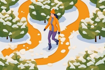 Vector illustration of a girl in a yellow jacket walking in the park.