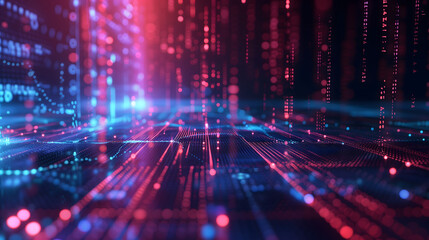 Abstract futuristic holographic interface concept background for technology, cybersecurity or business presentation. Dark tone with neon red, purple and blue color with copy-space for text.