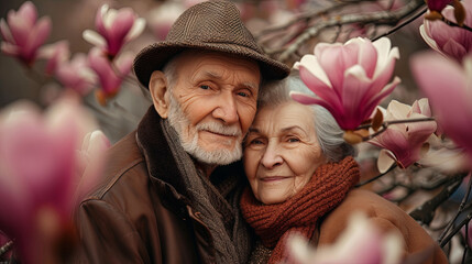 Old couple on the magnolia flowering background, spring time