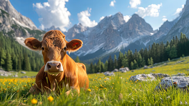 Cow on the mountains and meadow background