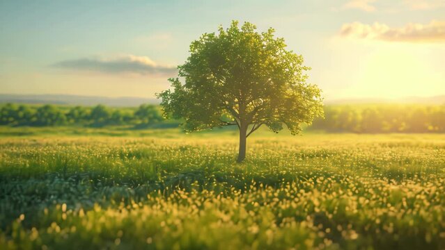 lonely tree in field under sunrise sky. 4k video animation