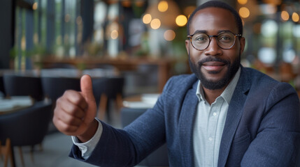 Businessman, portrait or thumbs up in success, vote or mission goals. Smile, happy or creative designer in like, thank you or winner hands gesture or support trust. African american man.
