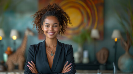 Portrait of young African American businesswoman standing with arms crossed in office. - obrazy, fototapety, plakaty