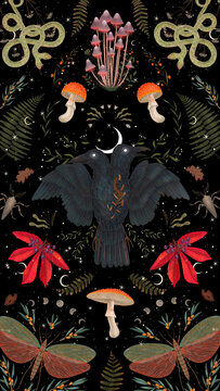 forest mushroom illustration on dark background. fly agaric and grebe. magical elements. ideal for printing on a calendar, fabric, postcard and design	
