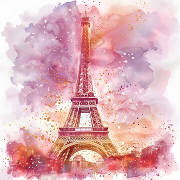 Watercolor Eiffel Tower with roses and paint splatter 