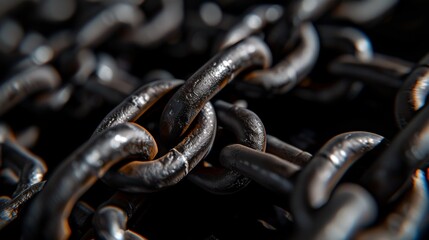 Closeup strong metal chain on a black background - obrazy, fototapety, plakaty
