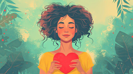 Greeting card to 8 March, young woman holds red hearts , grean leaves background 