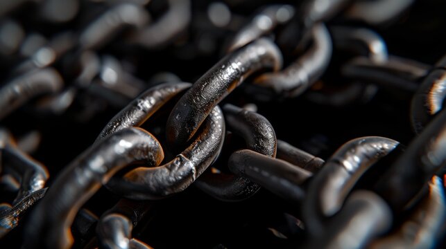 Closeup strong metal chain on a black background
